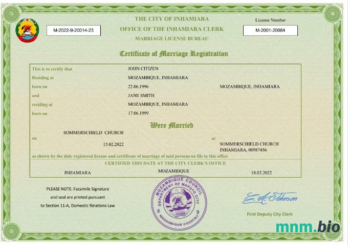 Mozambique akt małżeństwa Word i PDF szablon